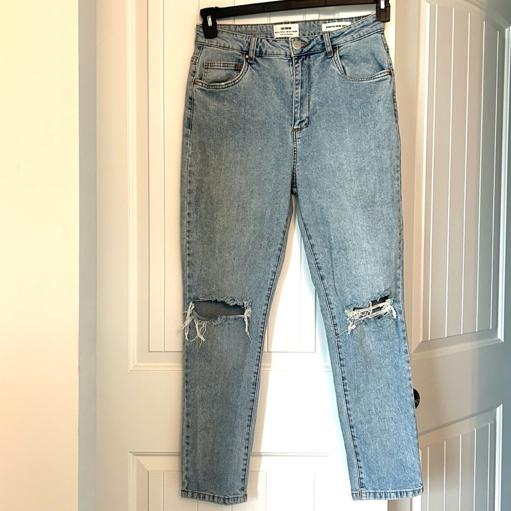 Cotton On Stretch Mom Jeans Distressed 
 High Waisted  Tapered Legs Size 10